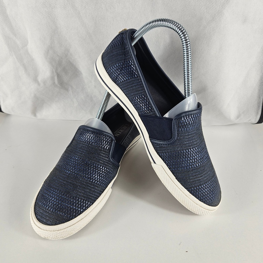 Lauren Ralph Lauren Jinny Navy Blue Woven Slip On Sneakers Womens 7 RL Gold Logo